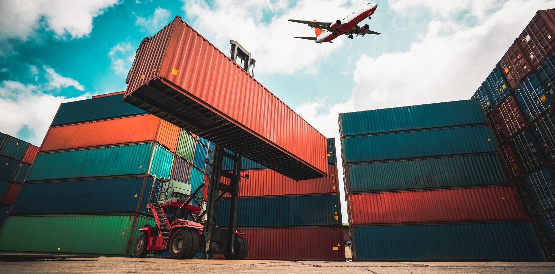 cargo container overseas shipping shipyard with airplane sky
